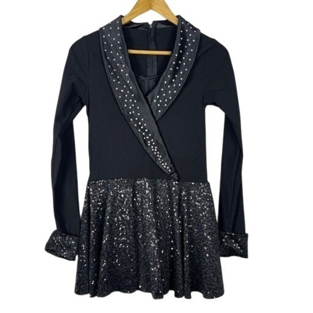 Weissman Black Rhinestone Sparkle Dance Dress Costume‎ Long Sleeve Lapel Collar
